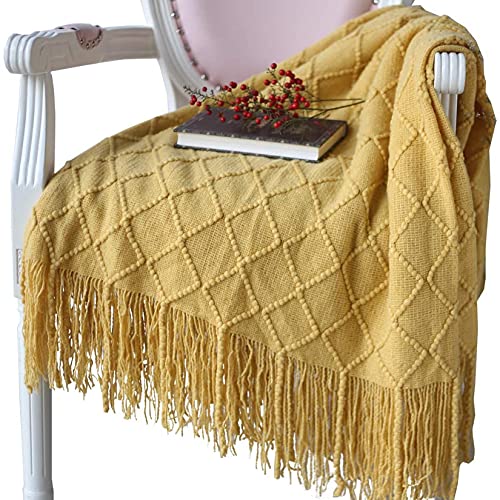 Hayisugal Wohndecke Weich Strick Wolldecke Quaste Kuscheldecke Sofadecke Schlafdecke Decke, Gelb, 125 x 210cm