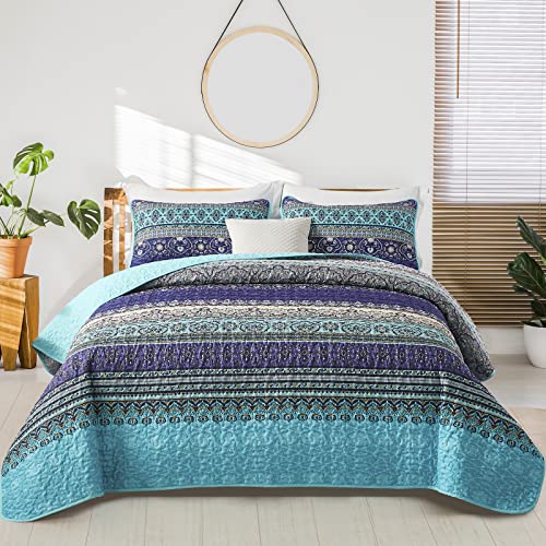 WONGS BEDDING Tagesdecke 240x260 cm Bettüberwurf Boho Stil Steppdecke Doppelbett gesteppt Mikrofaser Bettdecke Stepp Decke 3 teilig Wohndecke mit 2 Kissenbezug 50x75cm für Schlafzimmer (Böhmisch)