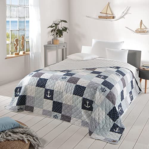 Delindo Lifestyle Tagesdecke Bettüberwurf Maritim, für Einzelbett, 140x210 cm, Patchwork Marine blau