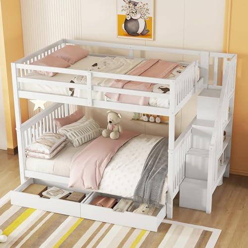 Etagenbett 140x200 mit Schubladen und Treppe, Kinderbett Hochbett für 2 Kinder, Jugendbett mit lattenrost und Rausfallschutz, Stockbett Funktionsbett, ohne Matratze (weiß mit Schubladen, 140x200)