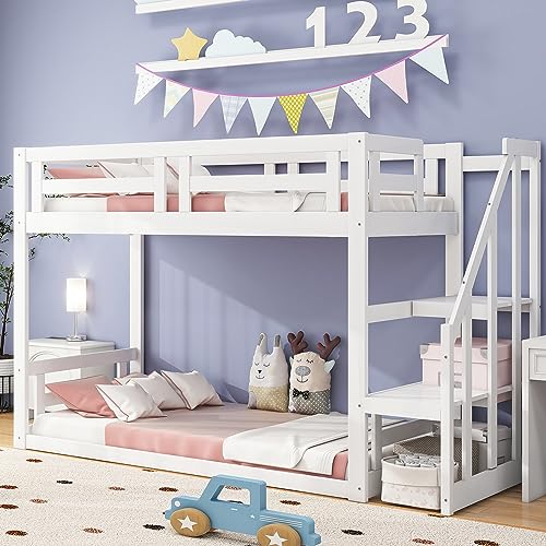 HESHU Etagenbett Kinderbett 90x200, Hochbett Kinder mit Rutsche, Stockbett Für 2 Kinder, Hausbett, Etagenbettrahmen, Spielbett, Jugendbett, Etagenbett, ohne matratze (weiß mit treppe)