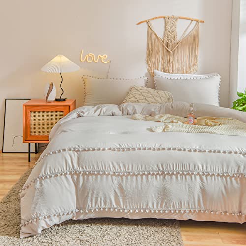 Freyamy Böhmen Bettwäsche 155x220cm 2teilig Beige Pom Pom Boho Chic Bettwäsche Gewaschene Microfaser Bettwaren-Sets Weiche Quaste Bettbezug mit Reißverschluss und 1 Kissenbezug 80x80cm