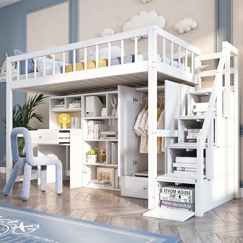 WIZBED Hochbett 90x200 mit Kleiderschrank Schreibtisch und Treppe, Kinderbetten mit Regalen, Stauraumbett für Kinder, Funktionsbett Etagenbett Stockbett Jugendbett, ohne Matratze