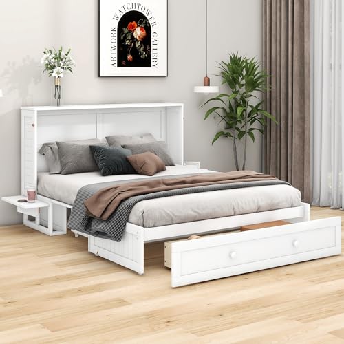 Moimhear 140 x 200 Mobiles Schrankbett mit Schubladen am Bettende und kleinem Regal an der Seite des Bettes,Verwandelbare Plattformbetten, Weiß(140 * 200CM)