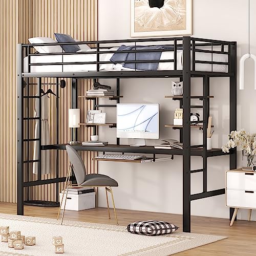 Moimhear Bettgestell Metallbett, Eisenbett, Hochbett mit Schreibtisch und Zwei Bücherregalen für Kinder, Jugendliche und Erwachsene (Schwarz, 90x200cm)