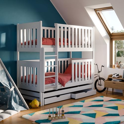 Lomadox Kinderzimmer Kinderbett Hochbett Kinder Etagenbett 80x180 cm Kiefer weiß mit Ausziehfunktion