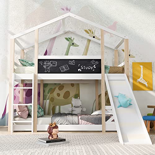 HESHU Etagenbett für 2 Kinder, Kinderbett Baumhaus mit Rutsche & Leiter, 90x200cm, Hochbett für Kinder– 2X Lattenrost, Funktionsbett Stockbett Jugendbett (Weiß mit Rutsche)