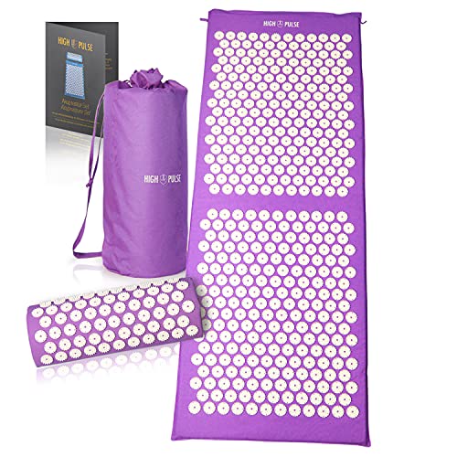 High Pulse® XXL Akupressur Set + 5 Ringe + Poster – Extra Lange Akupressurmatte & Kissen stimuliert die Blutzirkulation und löst Verspannungen (Violett)