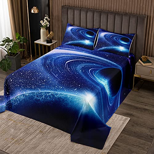 Blauer Galaxiedruck Tagesdecke 3D Universum Planet Bettüberwurf 170x210cm Raum Sternenhimmel Steppdecke Kinder Mikrofaser Bettdecke Stepp Decke mit 1 Kissenbezug 80x80 cm