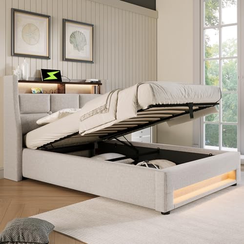 DEKKETO Boxspringbett mit Stauraum, Polsterbett 90x200 Einzelbett mit LED und 2 USB-Anschluss, Hydraulisch Stauraumbett Rückenlehne Bettgestell, Lattenrost aus Holz ohne Matratze, Beige