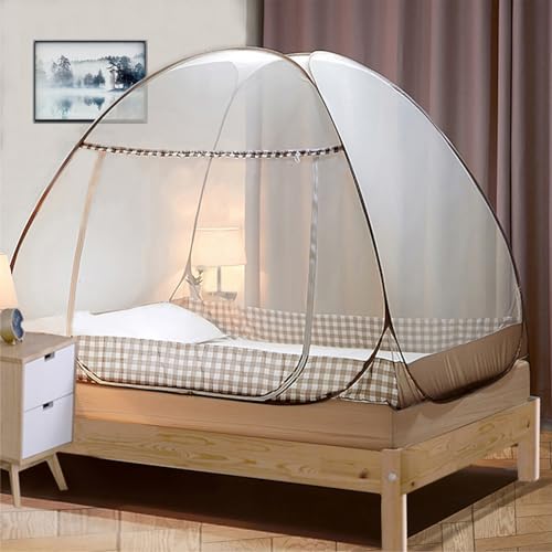 Digead Moskitonetz Bett,Faltbares Bett-Moskitonetz, Tragbares Reise-moskitonetz, Einzeltür-Moskito-Campingvorhang,100 * 200 cm-Brauner Rand