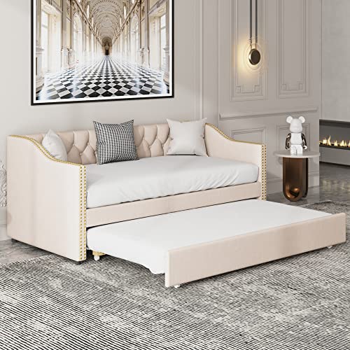 KecDuey Polsterbett 90x200 cm mit Bettkasten, Funktionsbett Jugendbett Strapazierfähiger Leinenstoff Tagesbett Ausziehbares Schlafcouch Gästebett (ohne Matratze) (Beige)