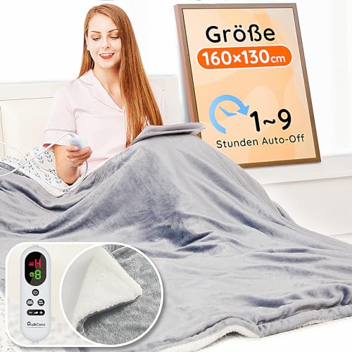 Mia&Coco Heizdecke mit Abschaltautomatik, 10 Heizstufen Up-to-9 Stunden Auto-Off-Timer Überhitzungsschutz, Elektrische Wärmedecke Bett Wärme Decke ETL-Zertifiziert für Home & Office Flanell Waschbar