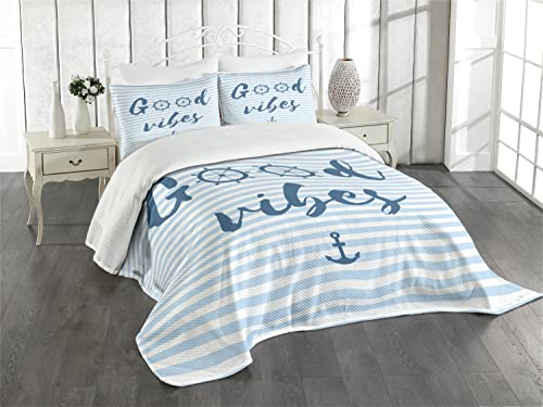 ABAKUHAUS Good Vibes Tagesdecke Set, Nautical Maritime, Set mit Kissenbezügen Waschbar, für Einselbetten 170 x 220 cm, Nachtblau Babyblau