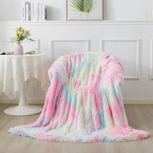 DJDEA Kuscheldecke Flauschig 130x160 cm, Komfort Kunstfell Decke, Weich Regenbogen Decke, Lang Plüsch Wolldecke, Sofadecke, Fleecedecke, Tagesdecke