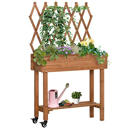 Outsunny Hochbeet mit Rankgitter, Blumenkasten mit Ablage, Pflanzkübel mit Rollen, Pflanzkasten für Terrasse, Balkon, Massivholz, Braun, 79 x 29 x 130 cm