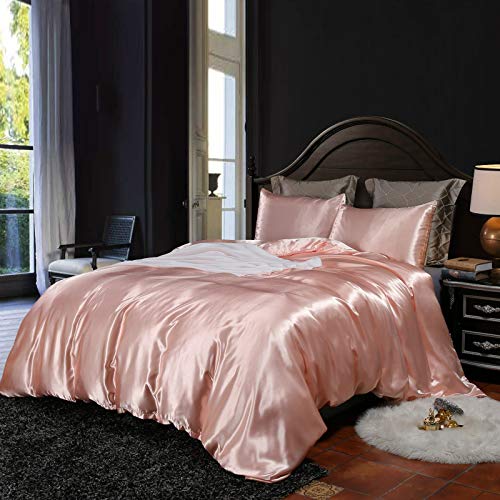 Lanqinglv Bettwäsche Set 135x200cm 2 Teilig Rosa Satin Seide Seidig Luxus Bettbezug mit Reißverschluss und Kissenbezug 80x80cm