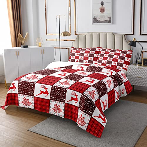 Homewish Weihnachts Tagesdecke 220 x 240 Hirsch Tagesdecke Für Kinder Merry Christmas Bells Elch Geweih Tagesdecke Quilt-Set Braun Rotes Gittermuster Karierte Gesteppt 2 Kissenbezüge Weihnachtsdekor