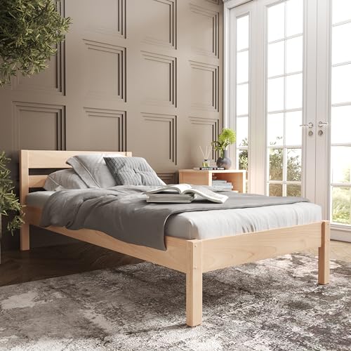 Hansales Holzbett 100x200 cm Külli Scandi Style ohne Rollrost aus unbehandeltem hartem FSC® Birken Vollholz - über 350 kg - Einzelbett Bettgestell mit Kopfteil.