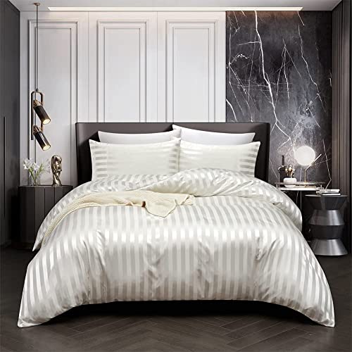 Tospass Sommer Satin Bettwäsche 135x200 cm Beige Weiß Einfarbig Glatt Glänzend Deckenbezug Seide Luxus Glanzsatin Bettwäsche Set Gestreift Bettbezug mit Reißverschluss 1 Kissenbezug 80x80cm