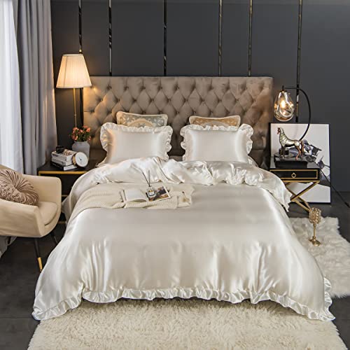 Freyamy Satin Bettwäsche 220x240 Glatt Luxus Seide Glanzsatin Bettwäsche Set Weiß Einfarbig Rüschen Romantisch Sommer Bettwäsche Sets 1 Bettbezüge und 2 Kissenbezug 80x80 mit Reißverschlüsse