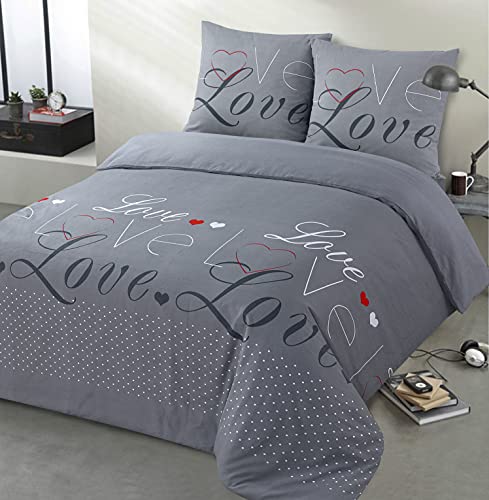 Vision - Bettwäsche Flanell Love Grau – Bettbezug 240 x 220 cm mit 2 passenden Kissenbezügen 65 x 65 cm – 100 % Baumwolle