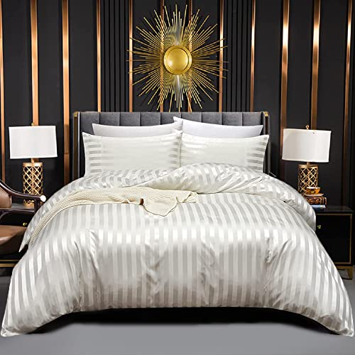 Luofanfei Bettwäsche Beige 220x240 Glänzend Satin Glanzsatin Weiße Bettwäsche Set Seide Glatt Luxus Uni Gestreifte Bettbezug Doppelbett Set mit Reissverschluss und Kissenbezüge 80x80 cm