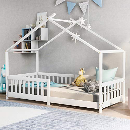 Kinderbett Hausbett 90x190 cm Rausfallschutz Bett, Holzbett für Kids, Mit Rausfallschutz und Lattenrost, für Kinder (Weiß)