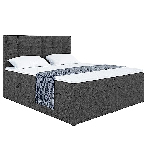 MEBLINI Boxspringbett mit Bettkasten - Gepolstert Doppelbett mit Matratze und Topper - Polsterbett mit Stauraum - Bett mit Kopfteil - Stauraumbett - NILS - 160x200 - H3/Dunkelgrau Webstoff