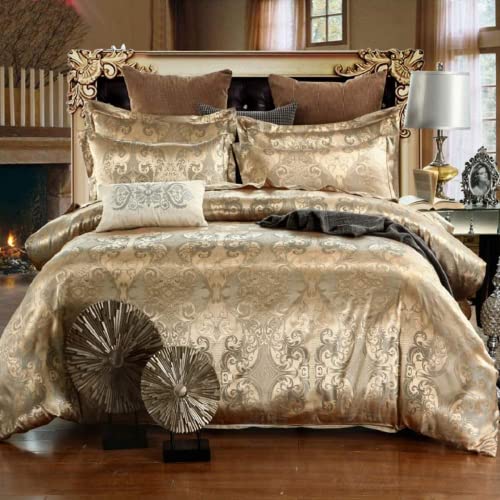 DXHOME Bettwäsche Satin 200x200 cm Bettbezug Microfaser Gold Jacquard Gelb Wendebettwäsche Set 3teilig Romantisch Blumen Muster Modern Bettwaesche Kopfkissenbezug 80x80 cm Ornamente