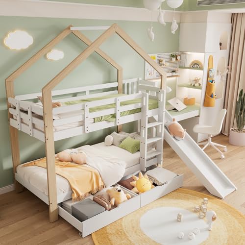 Rtopsu Kinderbett Etagenbett 90x200 cm mit Rutsche und 2 Stauraum Schubladen, Bett mit Leiter für 2 Kinder, Hochbett mit Dach, Baumhaus Bett mit Lattenrost aus Holz, Weiß, Ohne Matratze