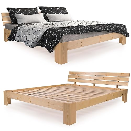 SANZARO Holzbett 140 x 200 cm - Massivholz Bett Kiefer Doppelbett Balkenbett Bettgestell Bettrahmen Lattenrost, Natur