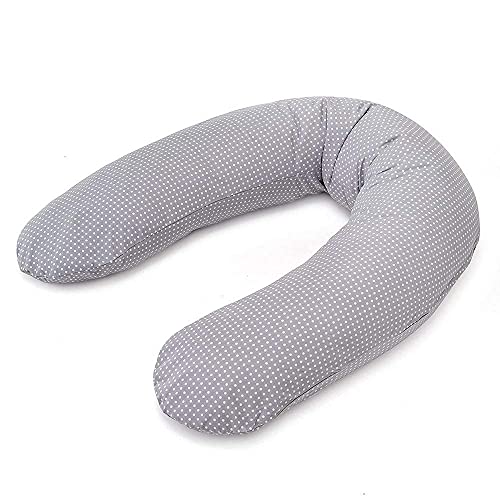 Theraline Stillkissen Dodo Pillow Premium - 180 cm inkl. Bezug aus Baumwolle - Füllung: leise & feine Mikroperlen, schadstoffgeprüft, maschinenwaschbar - Punkte Grau