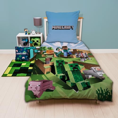 Character World Wende Bettwäsche-Set Minecraft, 135x200cm + 80x80cm, 100% Baumwolle, grün Motiv Craft Blöcke TNT und Spitzhacke Battle, Mehrfarbig