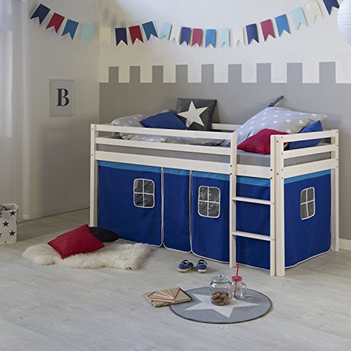 Homestyle4u 519, Kinderbett 90x200 Weiß Blau Hochbett mit Treppe Vorhang Bettgestell Holz Kiefer Kinderzimmer