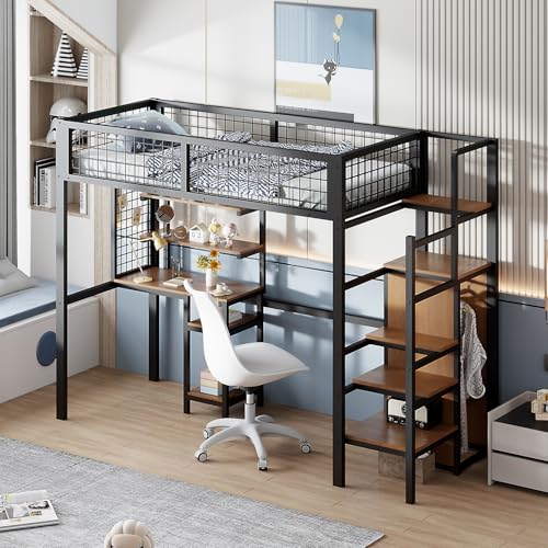 HUMZGHG Hochbett 90x200cm mit Sicherheitsleiter Eisenrahmen Kleiderschrank und Computertisch, Bettgestell Metallbett Eisenbett Kinderbett für Kinder Jugendliche Erwachsene (Schwarz)