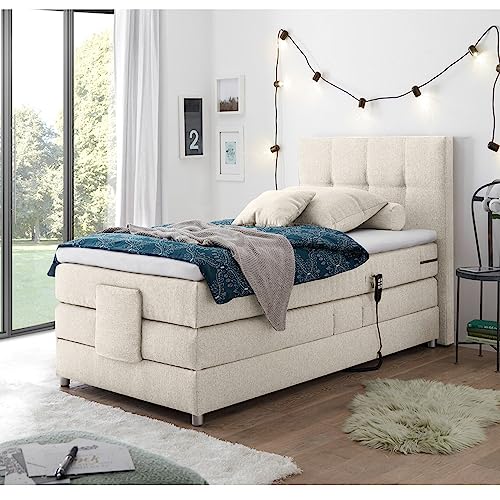 Lomadox Boxspringbett 120x200 cm mit elektrischer Verstellung | Jugendbett in Ivory Creme mit Härtegrad H2