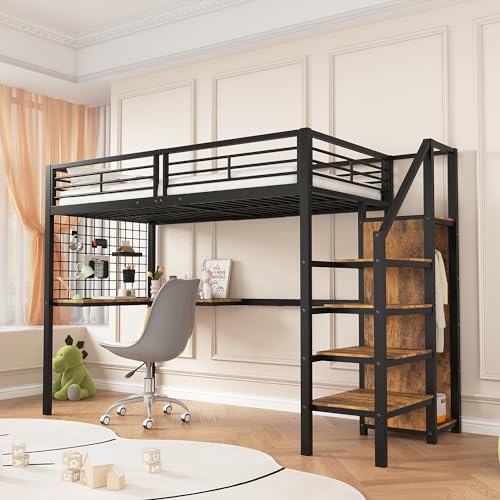 Ctastay Kinderbett Etagenbett 90x200 cm, Metallbett Einzelbett mit Stauraum Kleiderschrank & Treppe, Hochbett mit Schreibtisch & Rausfallschutz, Bett mit Lattenrost, Schwarz+Dunkle, Ohne Matratze