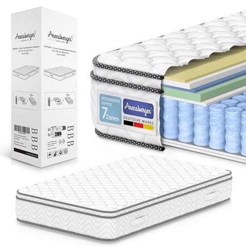 Arensberger Viktoria Taschen-Federkernmatratze 160x200 cm - 25cm Höhe; Topper Integriert; H4, H3, H2 Misch-Härtegrad - Federkern-Matratze