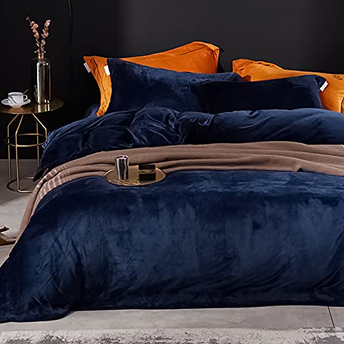 Michorinee Winter Plüsch Bettwäsche Set 200x220 Cashmere Touch Flauschig & Warme Coral Fleece Uni Bettbezug mit Reißverschluss - Dunkelblau | 200 x 220 cm + 2 x 80 x 80 cm