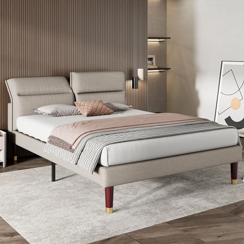 ZUUYEE Bett 160x200 mit Lattenrost, Doppelbett mit Verstellbarem Kopfteil, Holzbett Jugendbett Polsterbett 160x200 für Erwachsene und Jugendliche, ohne Matratze, Leinen, Hellgrau