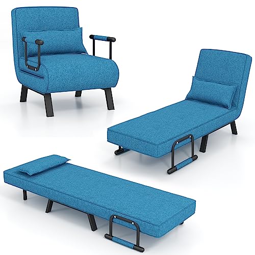 GOPLUS 4 in 1 Schlafsessel mit Bettfunktion, Schlafsofa mit 6-Fach verstellbare Rückenlehne & abnehmbarem Kissen, Relaxsessel Sofabett klappbar für Zuhause, Büro (Blau)