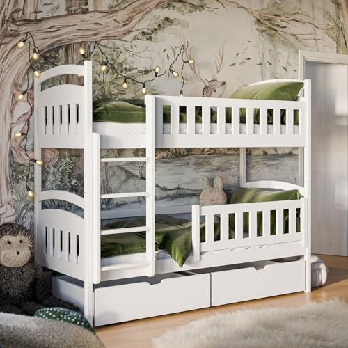 Kids Collective Hochbett 80x180 | 90x200 cm Etagenbett mit zwei Schubladen, Lattenrost, Rausfallschutz, umbaubar in zwei Einzelbetten, aus Vollholz massiv in weiss, Funktionsbett Kinderbett 200x90