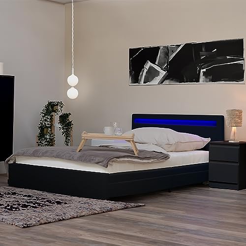 Home Deluxe - LED Bett NUBE - Schwarz, 140 x 200 cm - inkl. Matratze, Lattenrost und Schubladen I Polsterbett Design Bett inkl. Beleuchtung