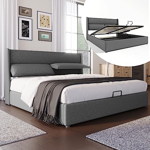 Polsterbett 160x200, Doppelbett mit Großer Stauraum und Verstellbare Kopfstützen, Bett Hydraulisches Stauraumbett Funktionsbett Bettgestell Familienbett mit Lattenrost, Leinen, Grau, Ohne Matratze