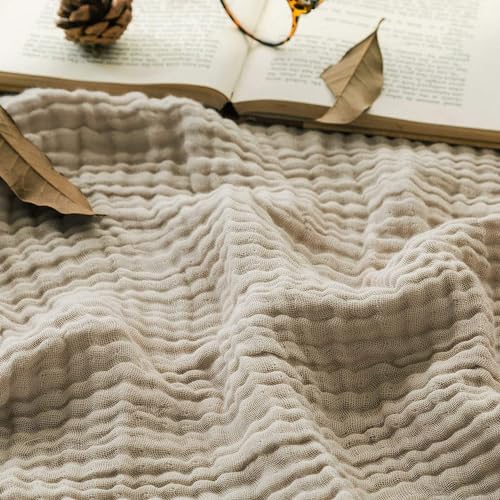 EMME Baumwolle Decke, Vorge-waschene Kuscheldecke, Weiche und Atmungsaktive Tagesdecke, Universale Sofadecke Leichte Bequeme Baumwoll Musselin Decke für Ganze Saison (Beige, 140 x 190 cm)