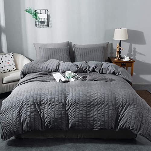 Boqingzhu Seersucker Bettwäsche Grau 220x240cm Sommer Atmungsaktiv Kühlende Wende Bettwäsche Set Bettbezug 220x240cm und 2 Kissenbezüge 80x80cm mit Reißverschluss