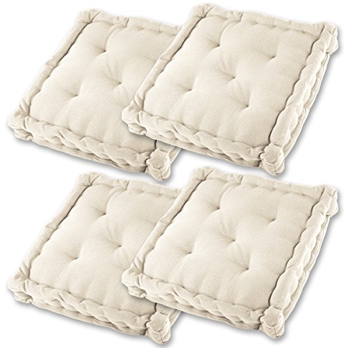 Gräfenstayn® 4er-Set Sitzkissen Stuhlkissen 40x40x8cm für Indoor und Outdoor aus 100% Baumwolle dicke Polsterung Steppkissen/Bodenkissen (Creme)