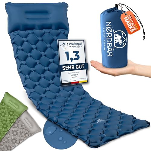 NORDBÄR® Isomatte mit Kissen aufblasbar & Ultraleicht | Iso Luftmatratze kleines Packmaß für Camping, Outdoor & Zelten | Campingmatte, Schlafmatratze, Reisematratze