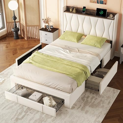 Polsterbett Doppelbett 140x200, Bett mit 3 Schubladen&USB Ladefunktion, Stauraumbett Funktionsbett Flachbett mit Lattenrost, Rückenlehne Bettgestell Familienbett Gästebett, Leinen, Ohne Matratze,Beige